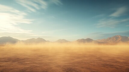 Obraz premium Dusty desert landscape with mountains under hazy sky.