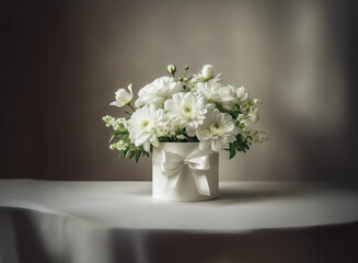 Fototapeta premium A simple elegance: a bouquet of white flowers in a white box with a satin ribbon, sits on a white tablecloth, subtly lit.