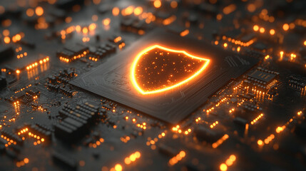 Cybersecurity concept with shield icon hologram emerging from a digital computer chip minimalistic modern style with bright tone and blurred background empty caption space