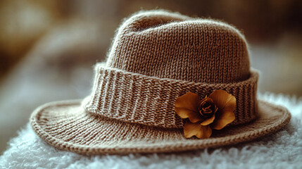 Knitted beige hat with decorative flower, cozy and rustic accessory for autumn fashion.