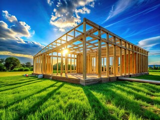 Obraz premium New Construction Home Framing Against Vibrant Blue Sky - Dream House Landscape