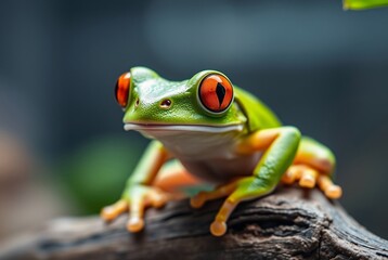 Close-up of a Vibrant Red-Eyed Tree Frog on a Natural Log