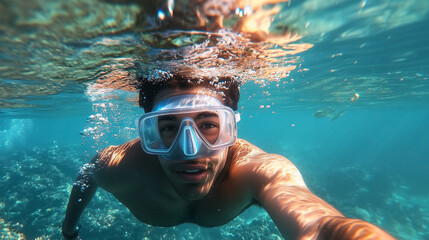 Fototapeta premium A man is swimming in the ocean wearing goggles