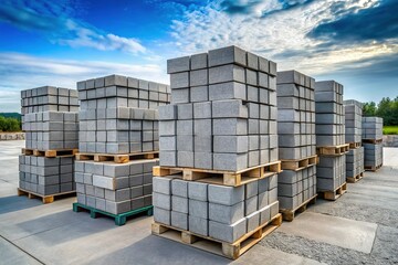 New Concrete Cinder Blocks on Pallets - Industrial Building Material Stock Photo