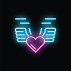 Neon sign of a pink heart with glowing blue angel wings rising up on a black background