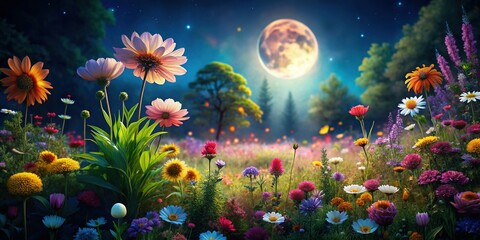 Fototapeta premium Night Bloom: Serene Garden Flowers Illuminated by Moonlight