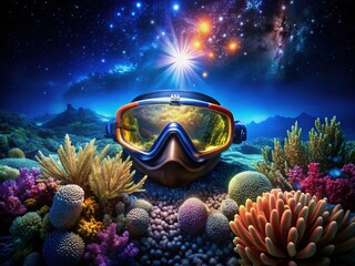 Night Ocean Dive: Snorkel Gear Under Starry Sky - Underwater Adventure Stock Photo