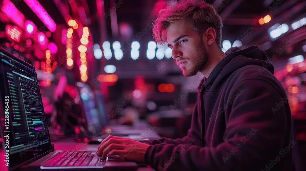 Aufkleber focused young programmer coding on laptop in vibrant office.