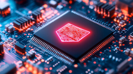 Cybersecurity concept with shield icon hologram emerging from a digital computer chip minimalistic modern style with bright tone and blurred background empty caption space