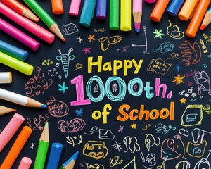 A vibrant celebration of the 1000th day of school, featuring colorful chalk drawings and various art supplies on a blackboard background.