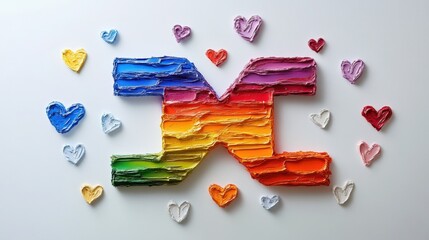 Acrylic-painted equal sign in rainbow colors, surrounded by abstract love symbols on a crisp white background.