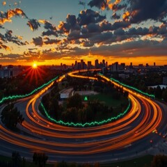 Urban Sunset Highway Lights  Cityscape  Traffic  Network Data  Technology