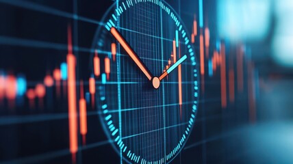 A digital clock overlays a financial chart, showcasing stock market movements with vibrant colors, symbolizing time-sensitive trading decisions.