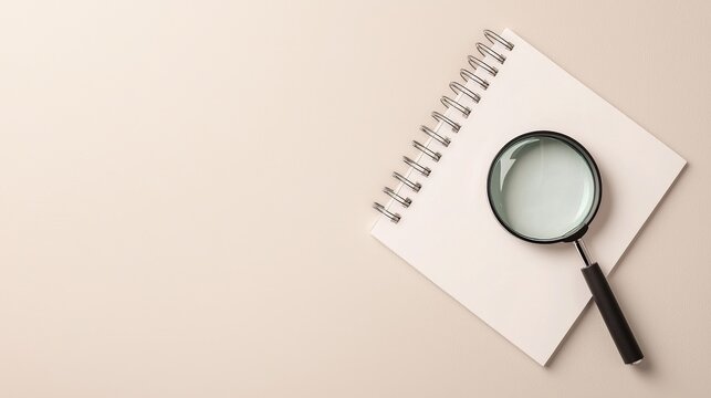 Achieving Vision Through Clarity and Understanding, Notepad and magnifying glass on a neutral background, symbolizing research or analysis.