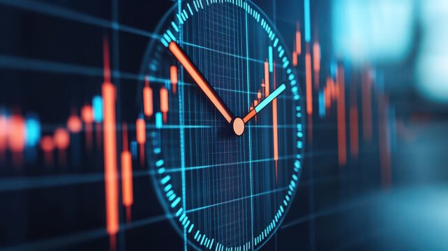 A digital clock overlays a financial chart, showcasing stock market movements with vibrant colors, symbolizing time-sensitive trading decisions.