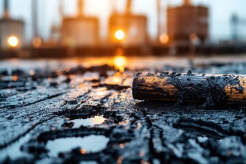 A close-up of a dark, oily surface with a log and industrial structures blurred in the background, illuminated by warm light.