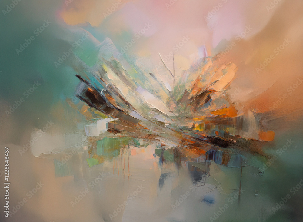 Poster an abstract explosion of color and form. soft, pastel hues blend with darker, sharper strokes, creat