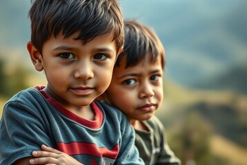 Two Young Boys Embracing Nature in a Serene Landscape