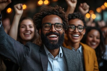 Business professionals celebrating a deal, diverse team, sharp details,