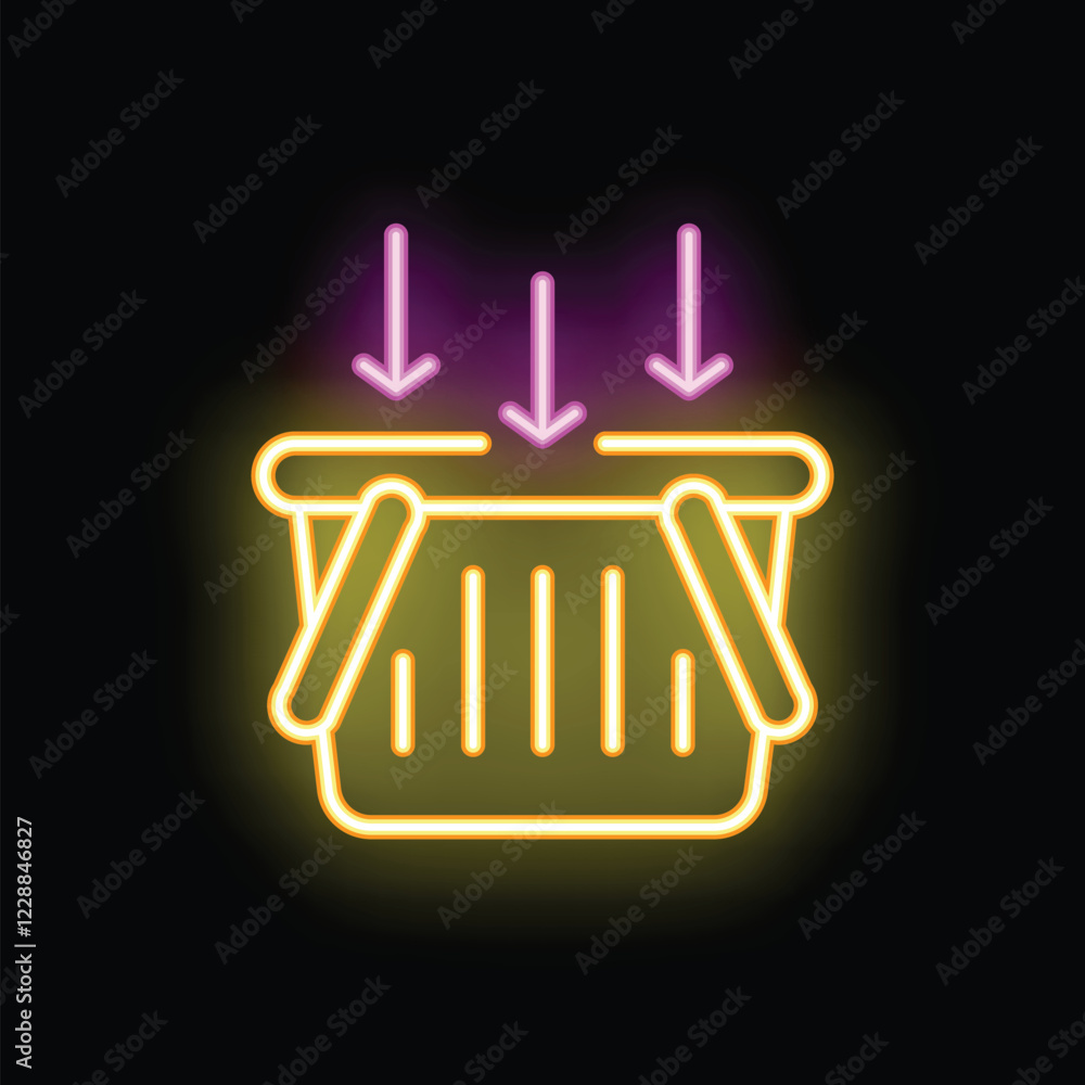 Poster neon sign of arrows pointing down at a shopping basket representing the concept of adding items to a