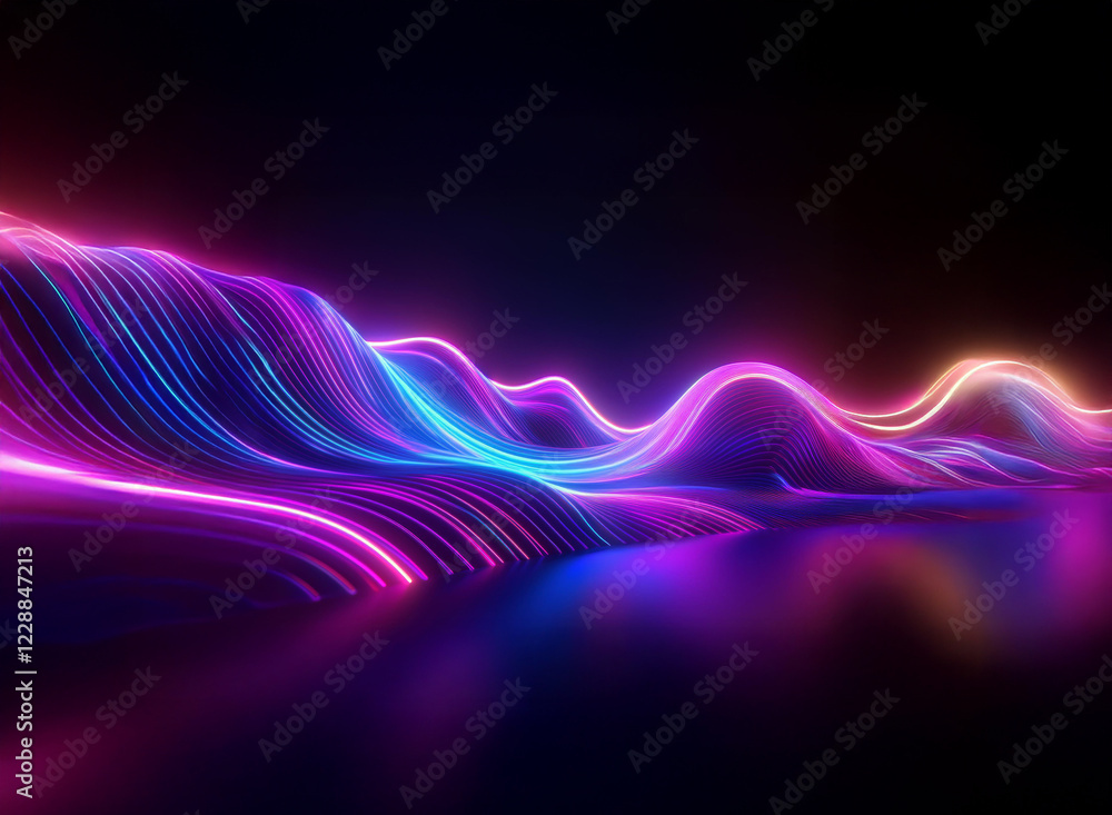 Poster abstract landscape of vibrant neon waves flowing across a dark reflective surface. the glowing lines