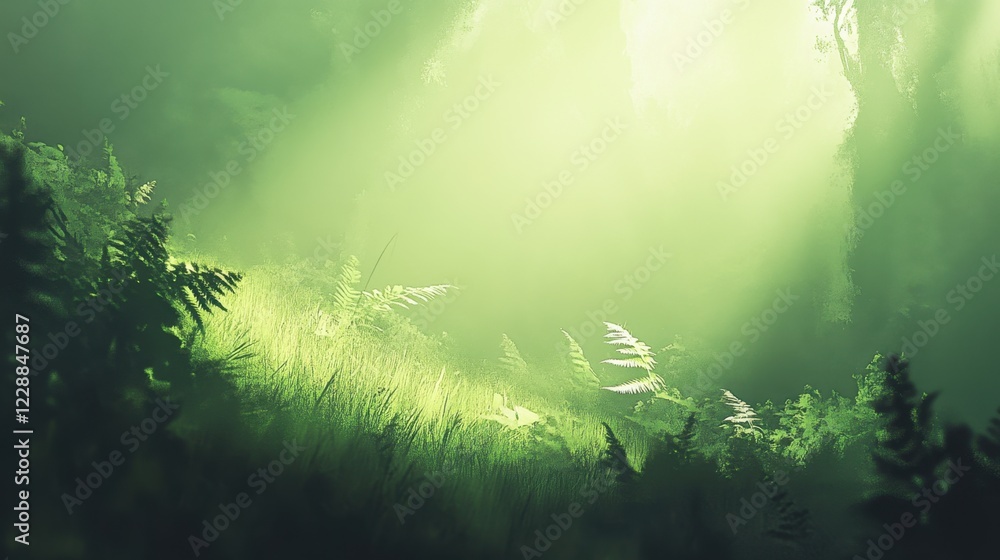 Poster bright green grass with soft sunlight creating depth and texture, emphasizing its natural and organi