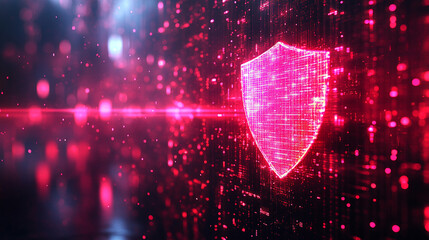 Cybersecurity concept with shield icon hologram emerging from a digital computer chip minimalistic modern style with bright tone and blurred background empty caption space