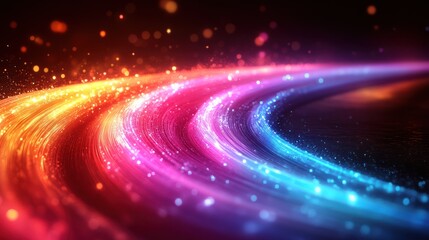 Colorful light trails curve, sparkle, dark background, design
