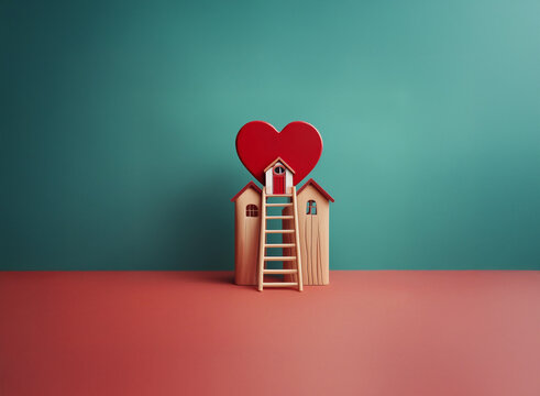 A red heart sits atop two miniature wooden houses connected by a ladder against a teal and red background.  This symbolizes love, home, and connection. - Powered by Adobe