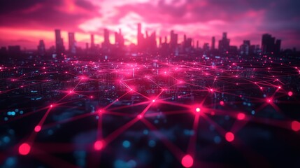 Fototapeta premium Futuristic city network at dawn