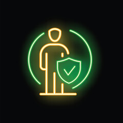Neon glowing icon of a person holding a shield with a check mark symbol, representing security and protection