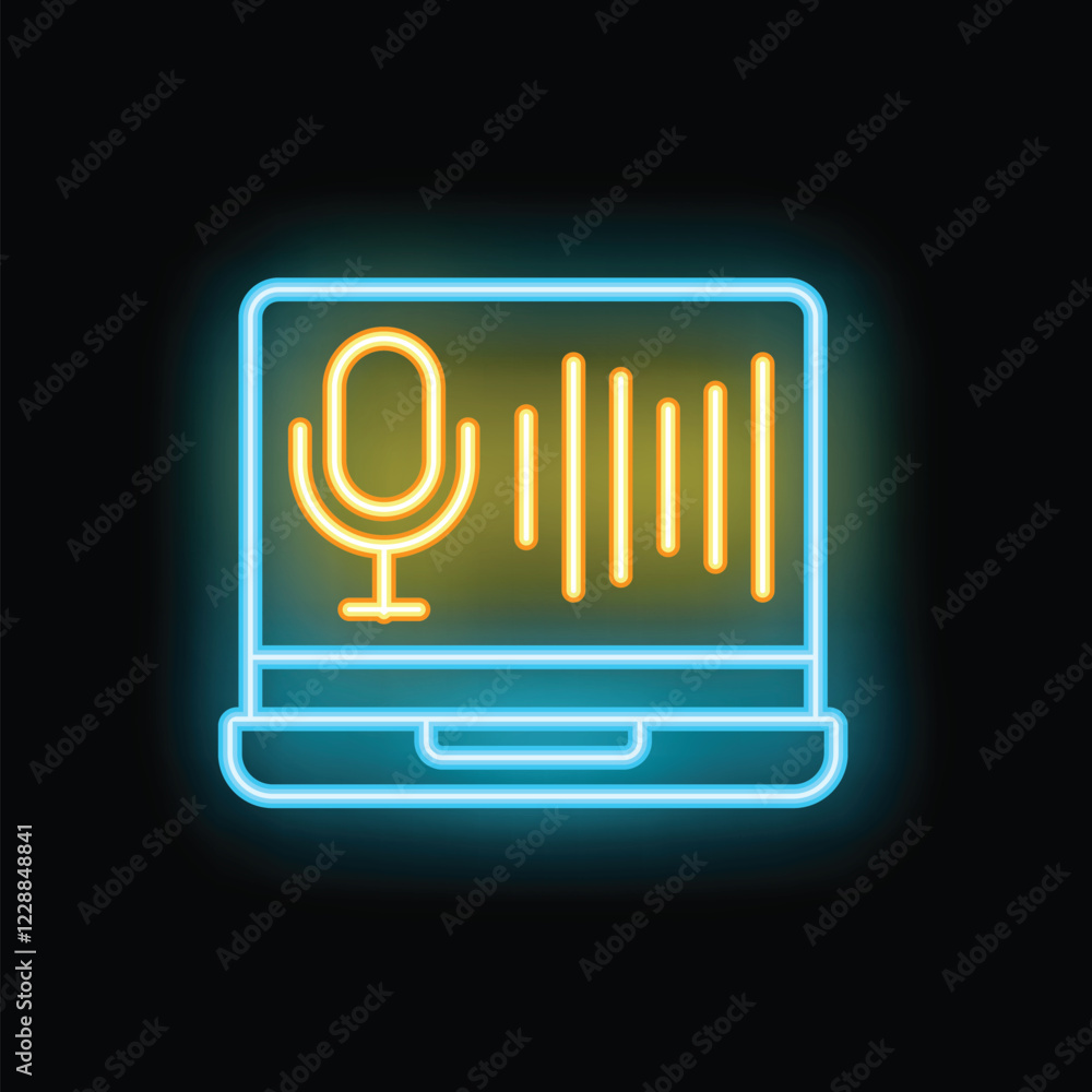 Poster neon icon of a voice recording software displaying on a laptop screen, representing audio recording 