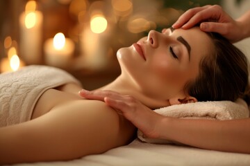 Obraz premium A woman finds tranquility and peace in a spa massage, indulging in a luxurious experience for relaxation and rejuvenation. The spa offers aromatherapy, healing, and holistic therapies for wellness
