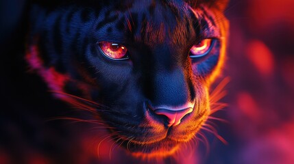 Fiery-eyed snow leopard portrait, dark forest, glowing background, wildlife art