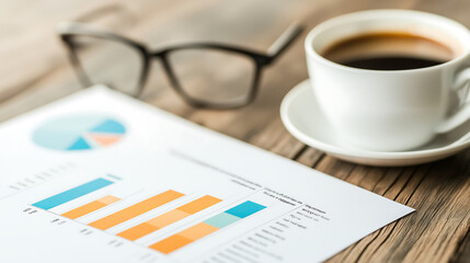A business plan on a wooden desk, accompanied by eyeglasses and a cup of coffee, symbolizes strategic planning and professional thinking.