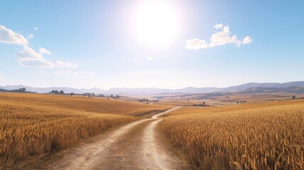 Fototapeta premium Rural dirt road through golden wheat field, sunny day, hills in background; travel, landscape