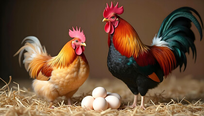Fototapeta premium A colorful rooster and hen stand on a bed of straw beside a group of fresh eggs in a warm, rustic barn setting