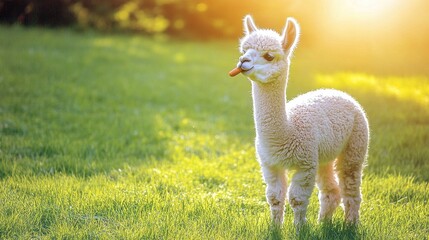 Adorable white baby alpaca sticking out tongue in sunny field.