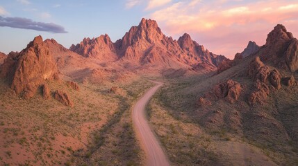 Fototapeta premium Scenic view of rugged desert mountains at sunset with winding road and colorful sky