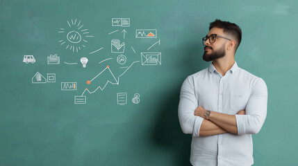 A man is deep in thought, surrounded by virtual symbols and concepts related to technology and business. These symbols reflect innovation, strategic planning, and futuristic ideas.