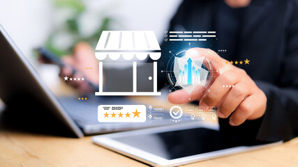Customers review the online shopping platform. Local business reviews and customer feedback,...