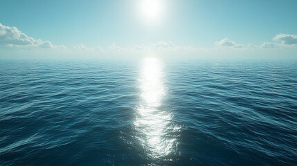 Fototapeta premium Deep blue ocean with penetrating sunlight showcasing vast underwater depth and solitude concept minimalistic bright tone modern blurred background with empty blank caption space on the side