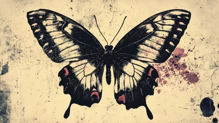 Grunge vintage butterfly in halftones. Aesthetic graphic tattoo. Gothic punk poster.Trendy elements with retro photocopy effect.