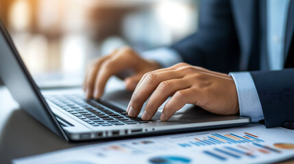 A close-up of hands typing on a laptop, representing digital strategy planning, business development, strategic decision-making, and the use of technology for business growth.