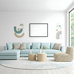 A bright and airy living room bathed in natural light from large,paned windows overlooking a lush garden. The room is anchored by a plush, light sectional sofa adorned with soft, neutral pillows.