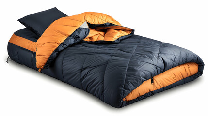 Camping sleeping bag and pillow, outdoors recreation, comfortable sleep, isolated on white background, for travel brochures