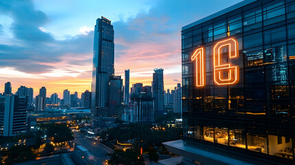 Cityscape sunset view, building with illuminated number 16, urban background; ideal for real estate, travel brochures