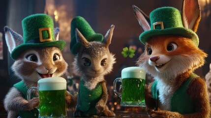 Fototapeta premium Three Adorable Cartoon Animals Celebrating St Patricks Day with Green Beer.