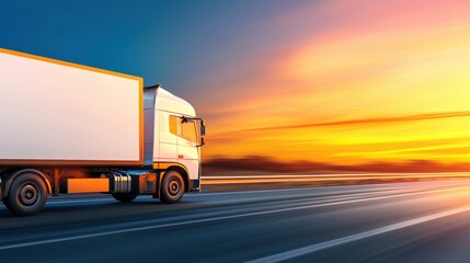 Futuristic electric semitruck on highway at sunset dynamic view