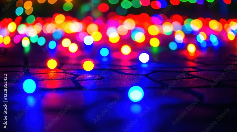 Poster close-up view of scattered sharp lights, glowing brightly on a dark surface, ideal for adding graphi